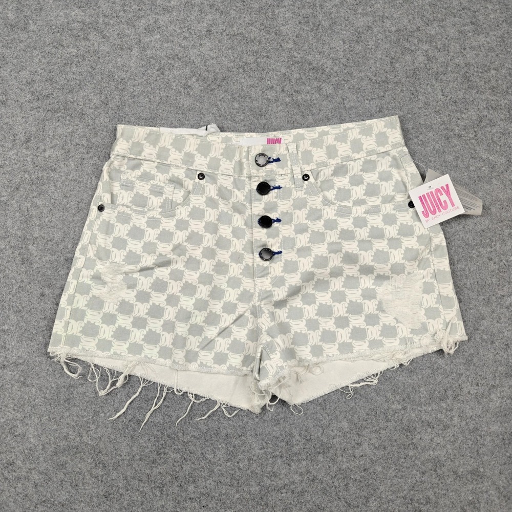 Juicy Couture Shorts Womens 26 Gray Check Denim Mid Rise Button Fly Cutoff Logo